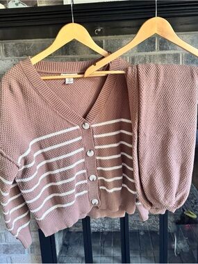 Striped V-Neck Button Sweater Set